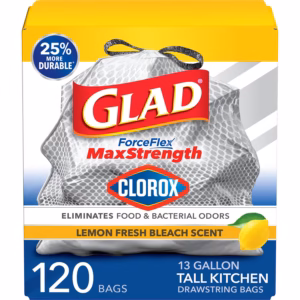 Glad ForceFlex MaxStrength with Clorox Tall Kitchen Drawstring Trash Bags, Lemon Fresh Scent, 13 Gallon, 120 ct.