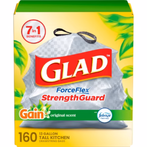 Glad ForceFlex Tall Kitchen Drawstring Trash Bags, Gain Original scent with Febreze Freshness, 13 Gallon, 160 ct.