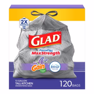 Glad ForceFlex MaxStrength Tall Kitchen Drawstring Trash Bags, Gain Lavender with Febreze Freshness, 13 Gallon, 120 ct.