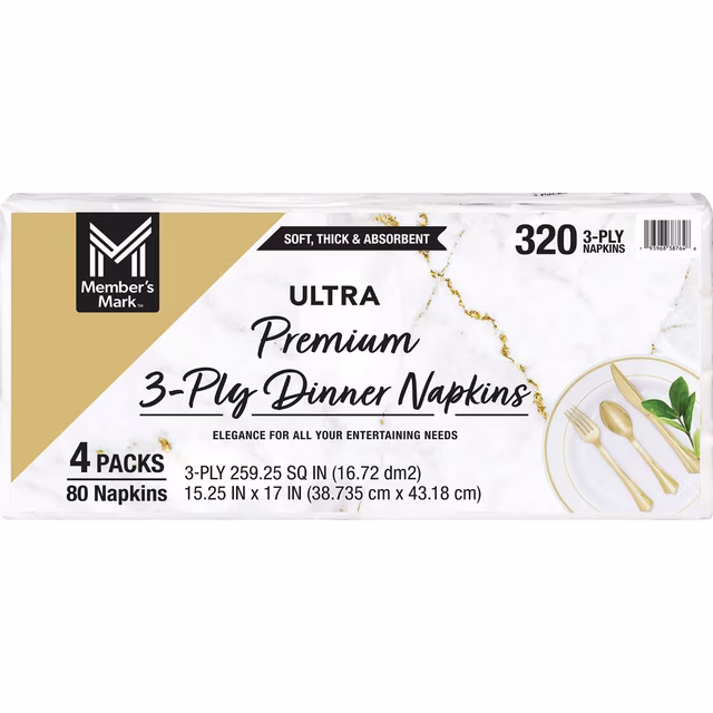 Member's Mark Ultra Premium 3-Ply White Dinner Napkins, 4 pks., 80 napkins/pk.