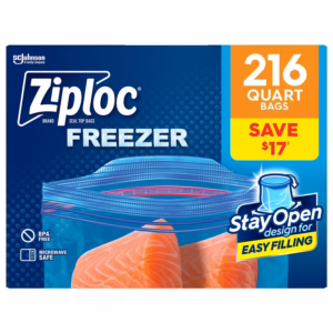 Ziploc Brand Quart Freezer Storage Bags, Stay Open Design, Easy to Fill, 216 ct.