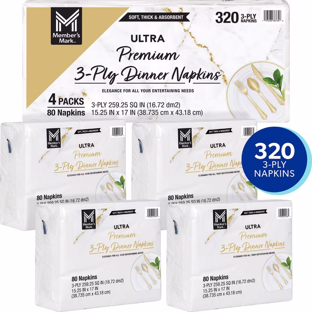 Member's Mark Ultra Premium 3-Ply White Dinner Napkins, 4 pks., 80 napkins/pk. - Image 3